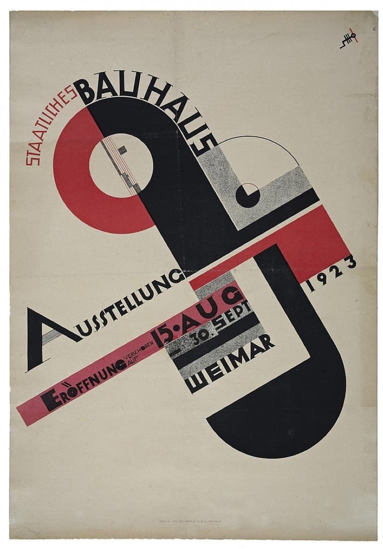 Poster in red, black and grey on cream: circles and squares joined into a large diagonal cross, with the words Staatliches Bauhaus Ausstellung, Weimar, 1923, and a red band reading Eröffnung verschoben auf 15. Aug, 30. Sept.