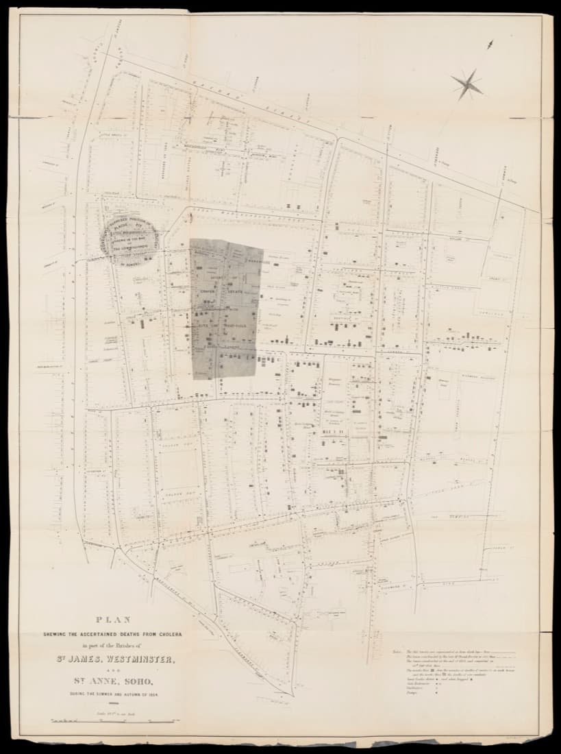Street map of Soho with Oxford Street along the top. Small black bars along the streets mark deaths, most of them in a few streets near the centre, and a grey patch marks the Craven estate. The title reads Plan shewing the ascertained deaths from cholera in part of the parishes of St James, Westminster, and St Anne, Soho, during the summer and autumn of 1854.