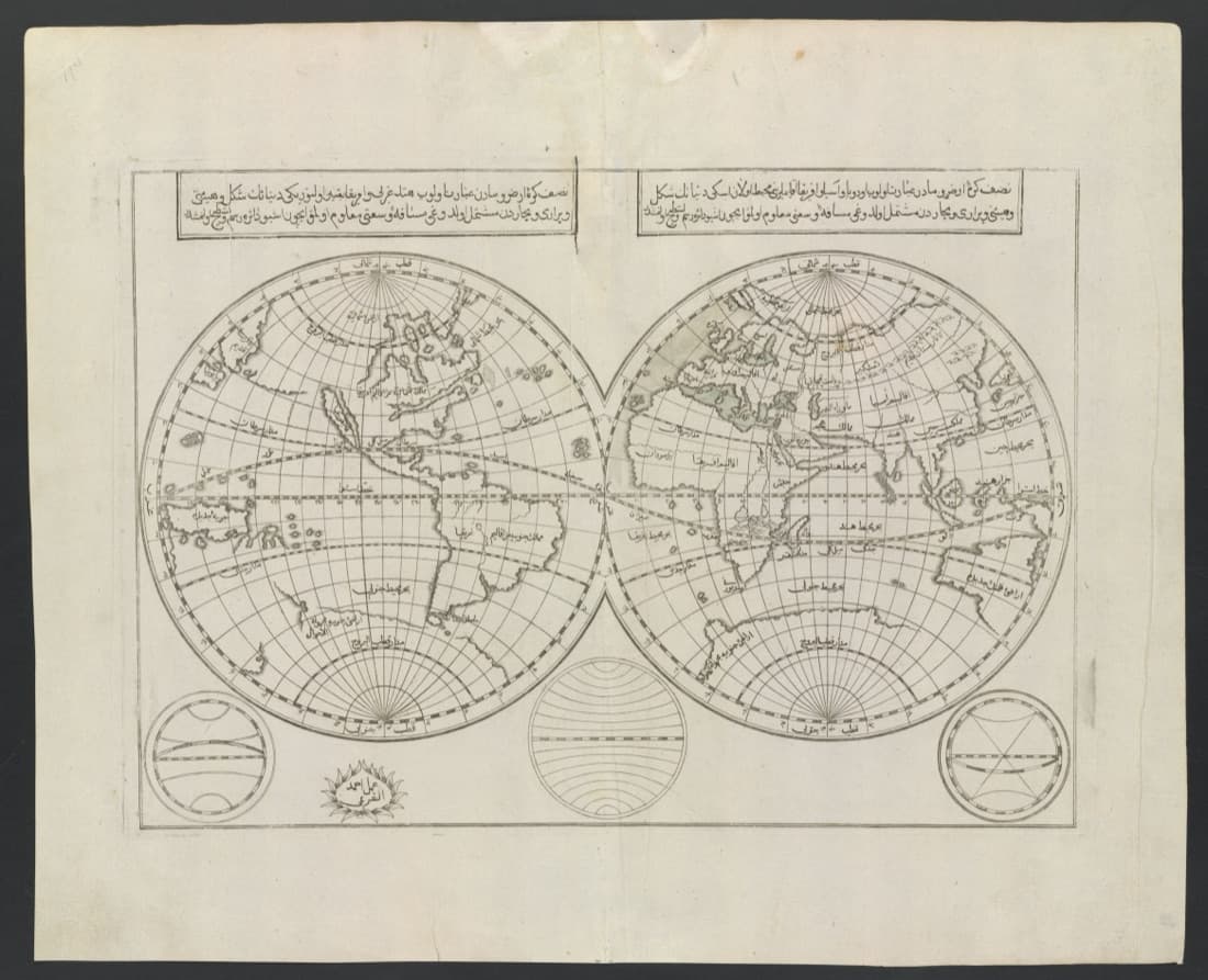 Engraved map of the world in two round hemispheres, the Americas on the left and Europe, Africa and Asia on the right, with place names in Ottoman Turkish in Arabic script. A text panel sits above each hemisphere, California is drawn as an island, and three small diagrams of the globe line the bottom.