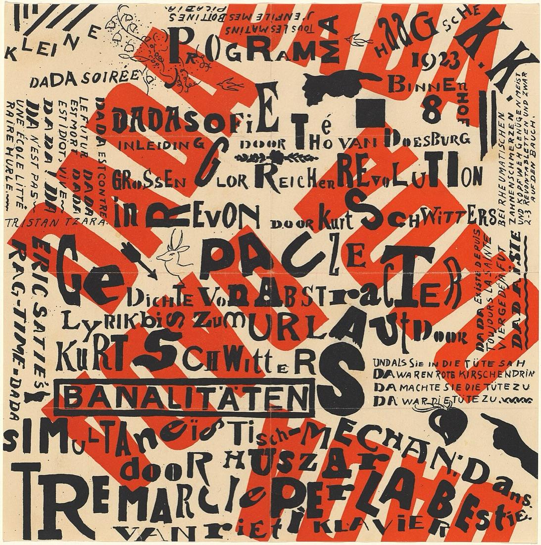 Square sheet crowded with black lettering in many sizes and directions, crossed by large red letters reading DADA. Among the words: Kleine Dada Soirée, Programma, Haagsche K.K., 1923, Thé van Doesburg, Kurt Schwitters and Huszár.