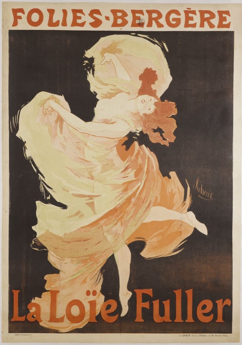 Poster: against a black ground a red-haired dancer whirls a huge veil of pale yellow and orange silk, one leg kicked up behind her. Orange lettering reads Folies-Bergère at the top and La Loïe Fuller at the bottom.