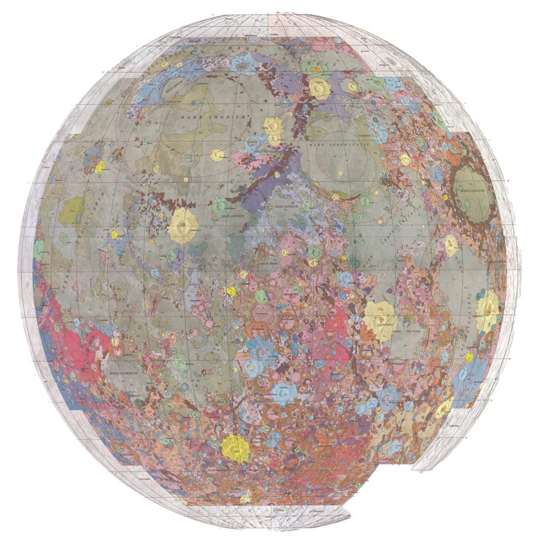 Map: the round near side of the Moon in patches of grey, pink, red, blue, yellow and green, each a rock unit of a different age, with dark plains such as Mare Imbrium, Mare Serenitatis and Mare Crisium named.