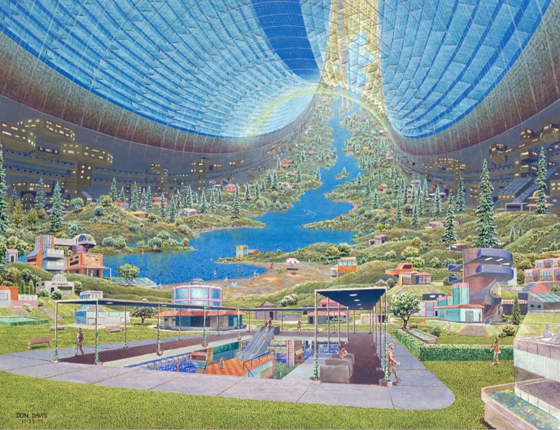 Painting: inside a huge curved habitat, glass roof panels arch overhead and the land curves up into the distance. Below lie a lake, green hills, pine trees, houses and a plaza where people walk.